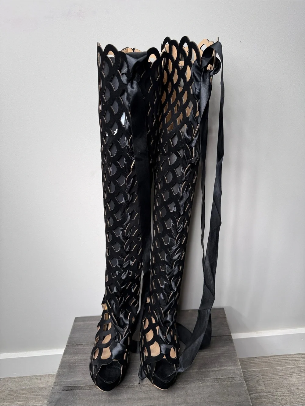 Black Laser-Cut Over-the-Knee Lace-Up Stiletto Boots